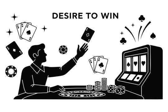 Man playing cards and slot machine in casino with chips and dice  desire to win