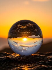 Crystal Ball Reflecting Sunset Over Clouds and Ocean reflection
