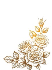 Three Golden Roses with Leaves and Buds on a White Background flower
