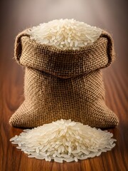 White rice spilling from a burlap sack on a wooden surface