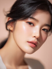 Fototapeta premium Young beautiful korean woman with glowing dewy skin and black hair tied back against a soft peach studio background