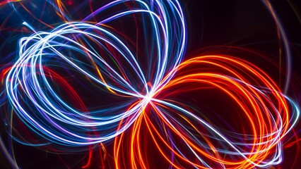 Vibrant abstract light refraction patterns in motion, creating dynamic swirling shapes in a dark environment from a close-up viewpoint