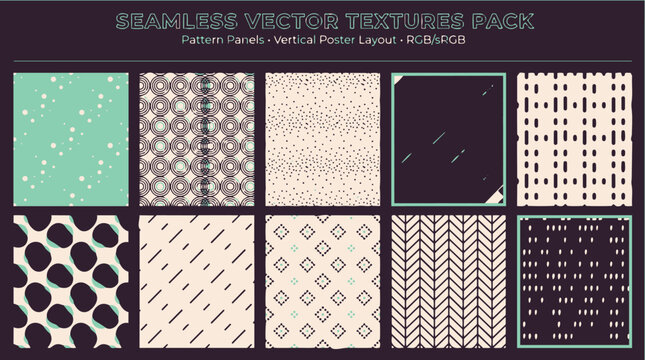 A grid display of ten distinct seamless vector textures and patterns, featuring various geometric and abstract designs in a muted color palette, part of a graphic resources pack.