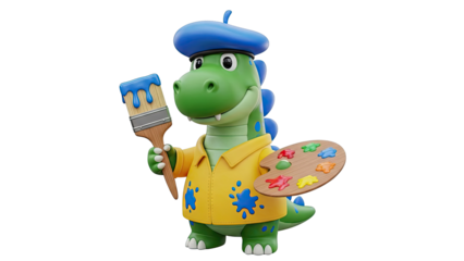 Cartoon Dinosaur Artist with Paintbrush and Palette
