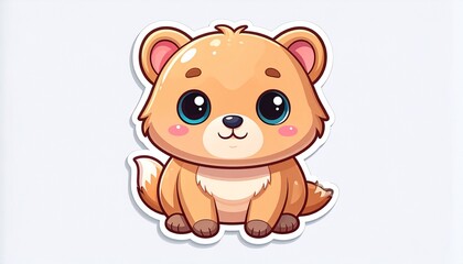 Obraz premium A cute, fluffy cartoon bear cub with big, sparkling blue eyes and a sweet smile, sitting attentively.