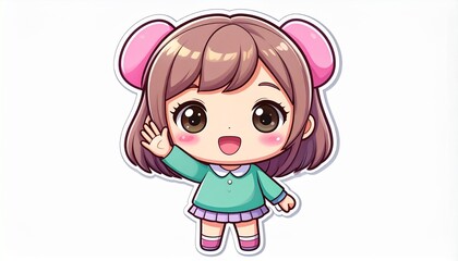 Obraz premium A cute chibi anime girl with big brown eyes and pink ear-shaped hair accessories waves hello.
