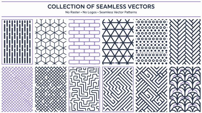 Collection of seamless vector patterns featuring various geometric, abstract, and decorative designs for backgrounds and textures.