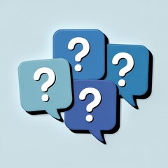 Four blue speech bubbles with question marks, symbolizing communication and uncertainty