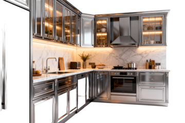 Modern Stainless Steel Kitchen with Marble Backsplash