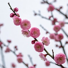 Delicate pink plum blossoms on a branch against a soft sky