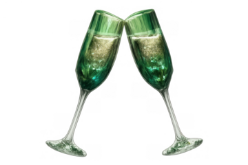 Green champagne flutes toasting, celebrating success, achievement and prosperity on transparent background