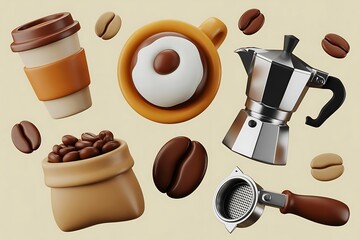 Coffee beans, cup, pot, and donut arranged for a morning beverage experience