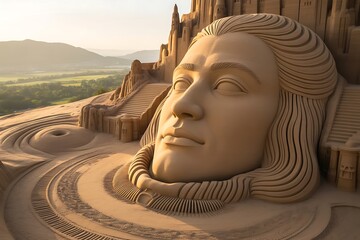 Massive sand sculpture of a human face with intricate details at sunset