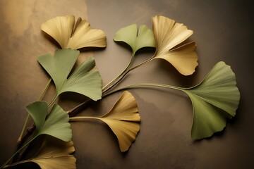 Ginkgo leaves in gold and green hues, artfully arranged on a textured background