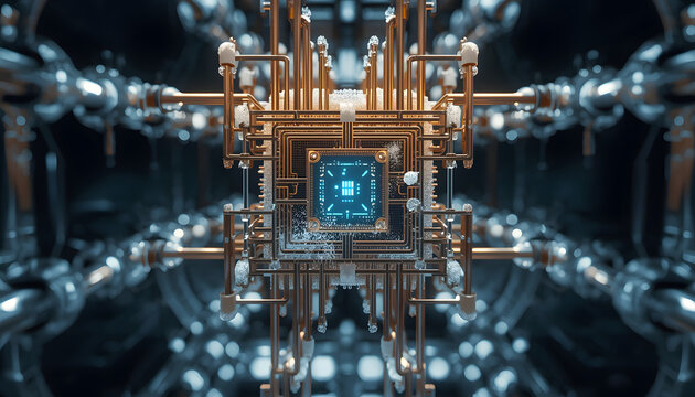 Cinematic close-up photograph of an advanced quantum computing processor and gold wiring inside a cryogenic dilution refrigerator with frost.
