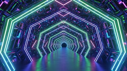 A futuristic neon-lit corridor with geometric patterns and vibrant colors stretching into the distance