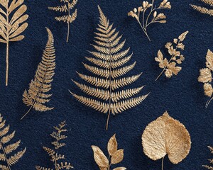 The plants and leaves, embossed in gold foil, are delicately pressed onto a textured dark blue paper background, creating a harmonious blend of retro elegance and modern luxury design.