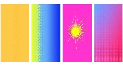 Four vertical abstract panels with colorful gradients and patterns