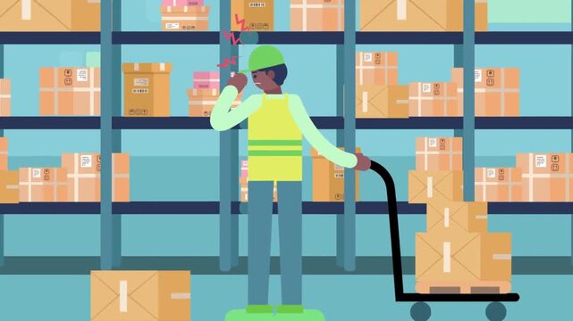 Warehouse Worker Transporting Boxes on Trolley With Package Falling on Floor