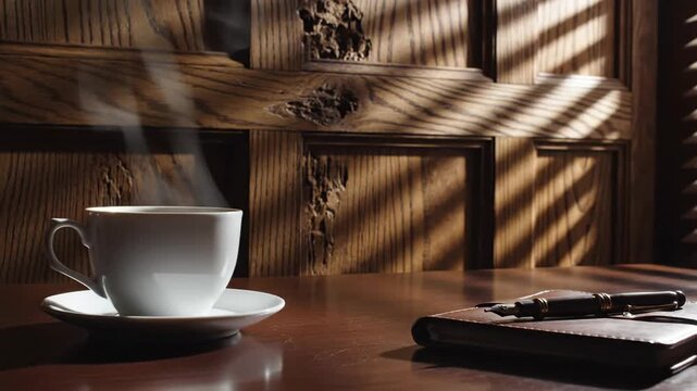 Steaming cup of hot coffee with a journal and pen on a wooden desk, illuminated by morning light and shadows