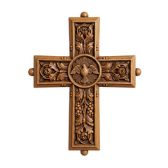Intricate Hand Carved Wooden Cross with Holy Spirit Dove and Floral Details