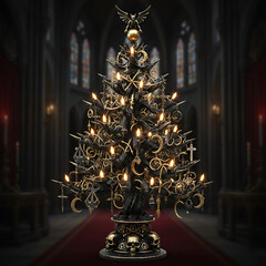 Dark Gothic Christmas Tree Decorated with Skulls and Bats in a Spooky Cathedral