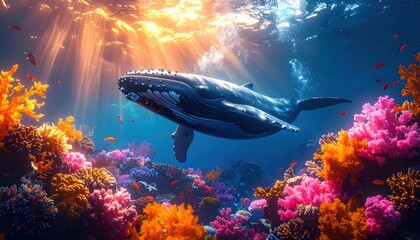Whale Swimming over Reef.