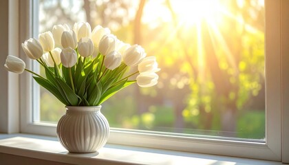 White tulips by window.