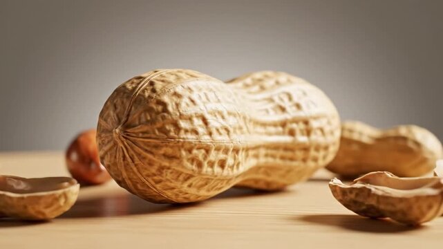 Macro shot of walnuts and their shells on a light wooden surface. Soft gray background