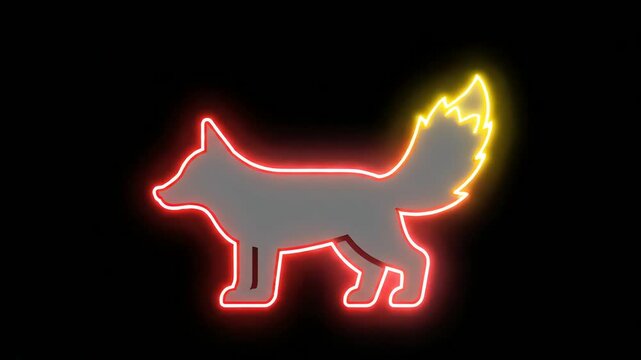 Glowing neon outline of a wolf with fiery tail silhouette against a dark background