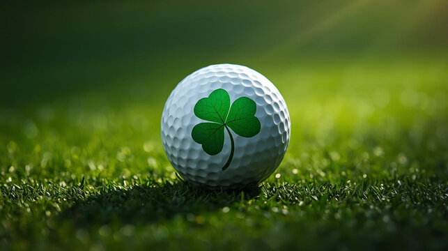 golf ball with a four leaf clover for st patricks day on green grass course ai - Powered by Adobe