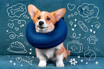 A corgi wearing a soft blue recovery collar sits on a teal couch, surrounded by hand-drawn medical and care-themed doodles like hearts, food bowl, bandage, and paw print
