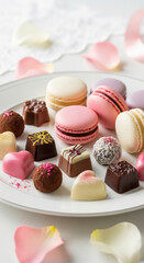 A delicate Valentine&rsquo;s Day dessert scene with pastel-colored macarons and chocolates, soft pink and cream tones