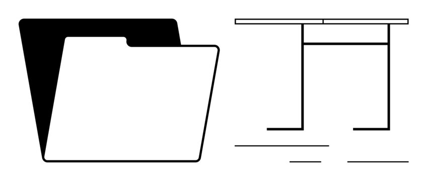 Organizational tools, document storage, office management, abstract graphic design, minimalism, workflow optimization. Black and white folder icon and parallel lines. Document storage