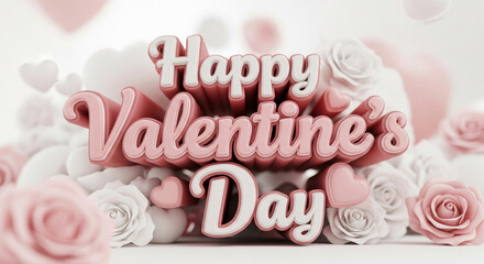 Close-up of elegant 3D typography text reading &ldquo;Happy Valentine&rsquo;s Day&rdquo;, crafted in soft pastel pink and ivory colors