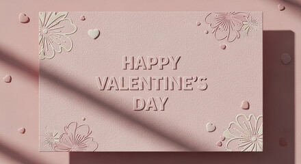 Romantic Valentine-themed artwork showing embossed text &ldquo;Happy Valentine&rsquo;s Day&rdquo; on a pastel background