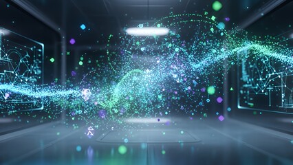 Obraz premium Data Visualization of Floating Particles in a Futuristic Laboratory Environment from a Central Perspective