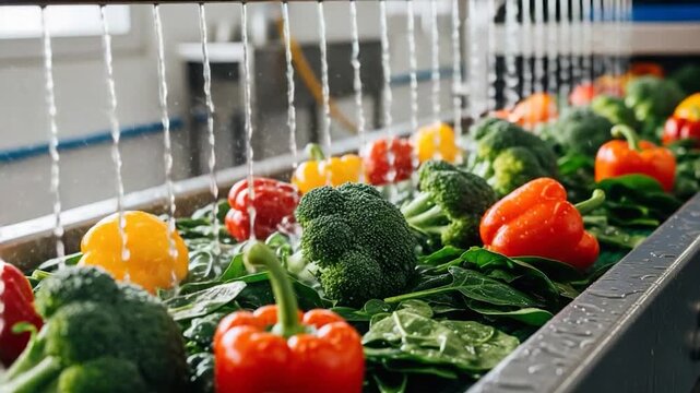 Fresh Vegetables on Conveyor Belt in Food Processing Plant.