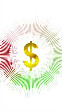 Golden dollar sign with circular chart showing financial growth and decline on white background. Vertical looped video animation