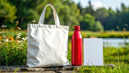 Eco Bag with Bottle, and Card in Nature.