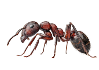 Detailed, close-up view of a red ant against black background