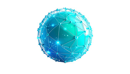 Rendered blue sphere encased in a network, lit with glowing accents, black background
