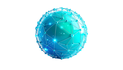 Rendered blue sphere encased in a network, lit with glowing accents, black background
