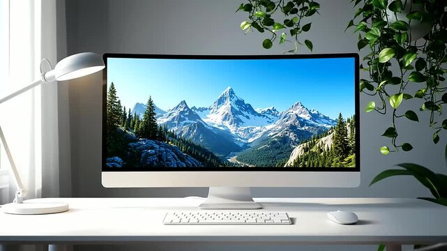 Bright minimalist office with a curved computer monitor displaying a vibrant mountain landscape, embodying an ergonomic workspace design for focus, comfort, and productivity.