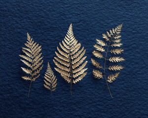 The plants and leaves, embossed in gold foil, are delicately pressed onto a textured dark blue paper background, creating a harmonious blend of retro elegance and modern luxury design.