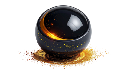 Shiny black sphere with a golden streak and stellar dust on a black background