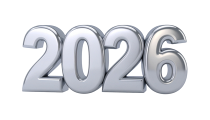 Shiny, metallic "2026" in 3D, standing on black background
