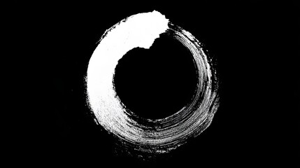 Fototapeta premium Minimal sumi-ink emblem on black background with unfinished ash-gray enso circle, centered negative space, soft fading stroke, subtle geometric hint, modern minimalist logo, clean elegant design