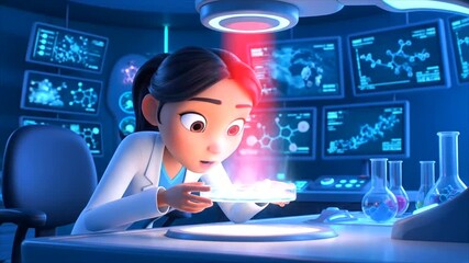 Excited cartoon female scientist uses advanced technology in a futuristic lab for groundbreaking AI drug discovery, analyzing molecular structures with glowing beams and screens.