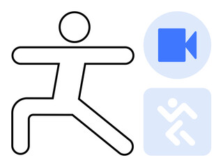 Fitness, video tutorials, online exercise, yoga, wellness, training programs. Stick figure in yoga pose with symbols for media and movement. Fitness and video tutorials the theme